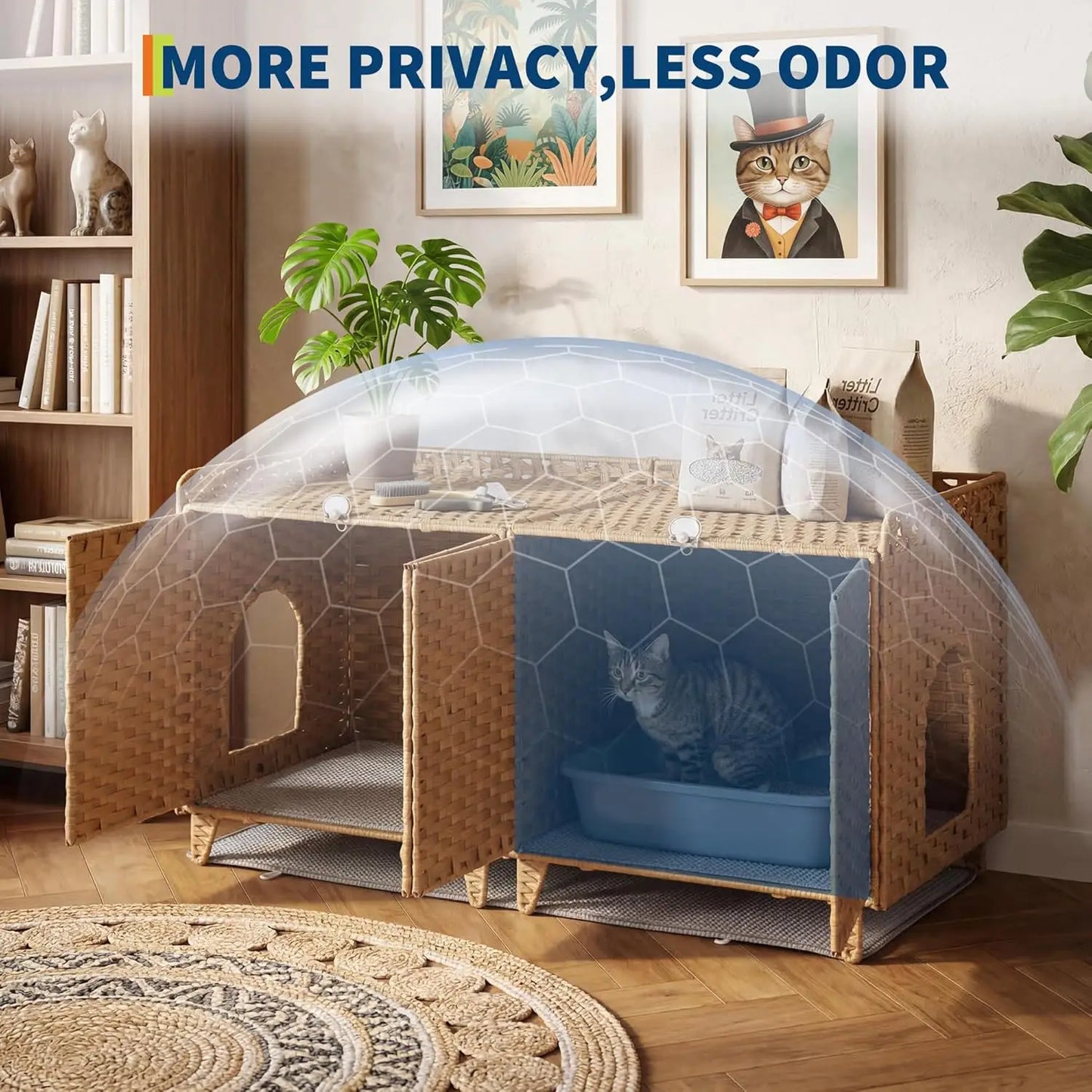 HiMISS Hidden Cat Litter Box Enclosure In Handwoven Rattan With Door