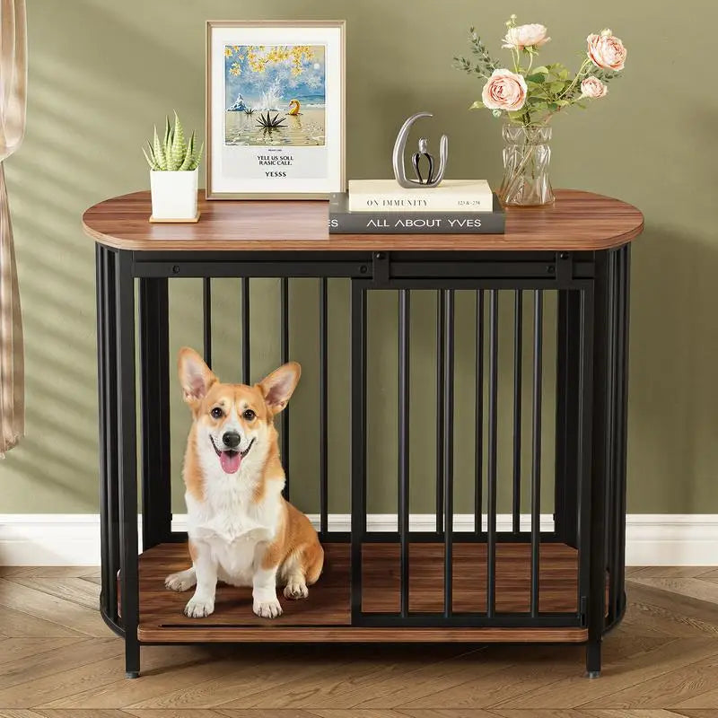 Wooden Dog Crate End Table With Double Doors For Home