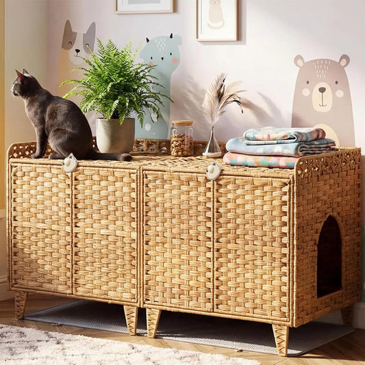 HiMISS Hidden Cat Litter Box Enclosure In Handwoven Rattan With Door