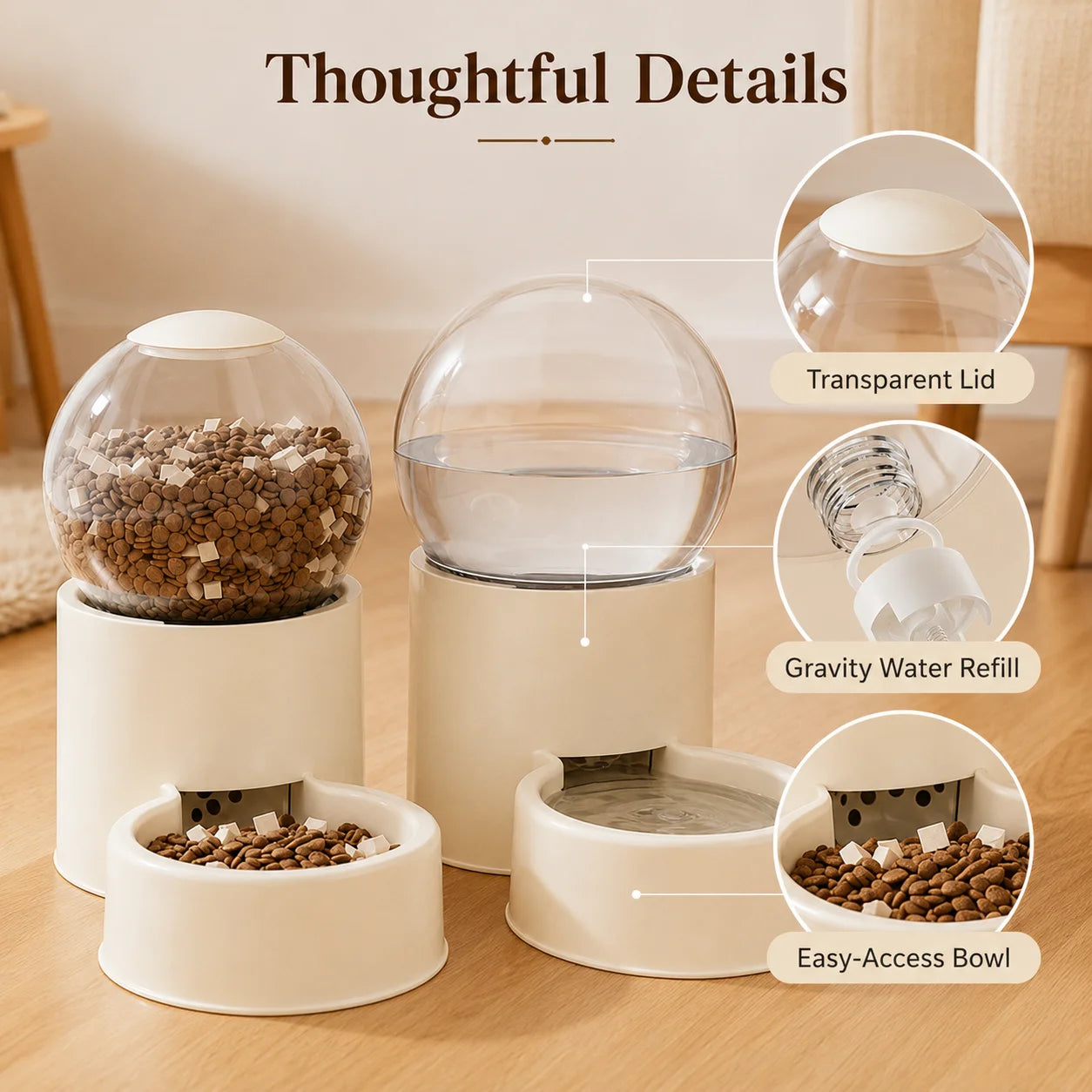 Automatic Gravity Feeder And Water Dispenser For Cats With Transparent Dome Lid